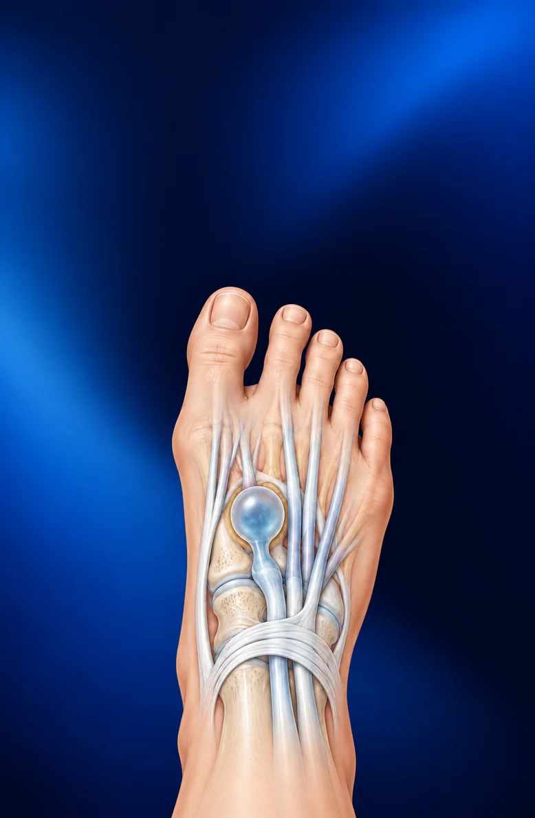 Medizinische Illustration zu Ganglion-Operation am Fuß