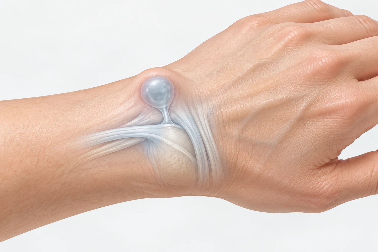 Ganglion mit Stiel zur Gelenkkapsel auf der Rückseite des Handgelenks