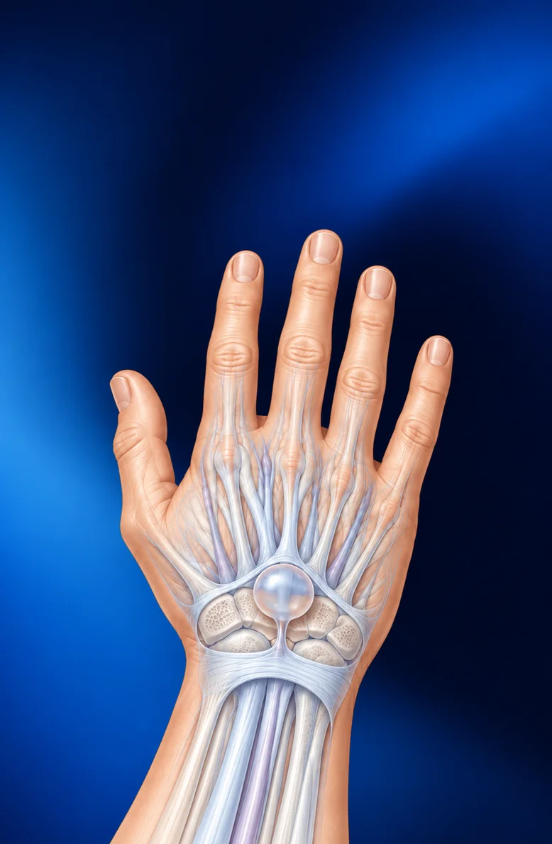 Anatomische Handgelenksdarstellung mit dorsal gelegenem Ganglion
