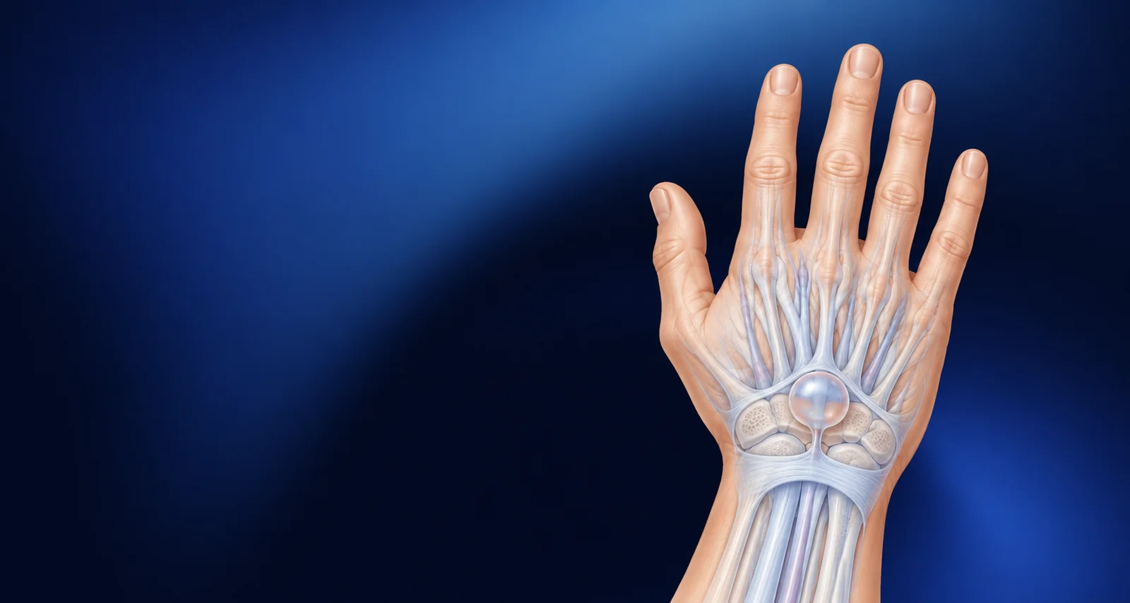 Anatomische Handgelenksdarstellung mit dorsal gelegenem Ganglion